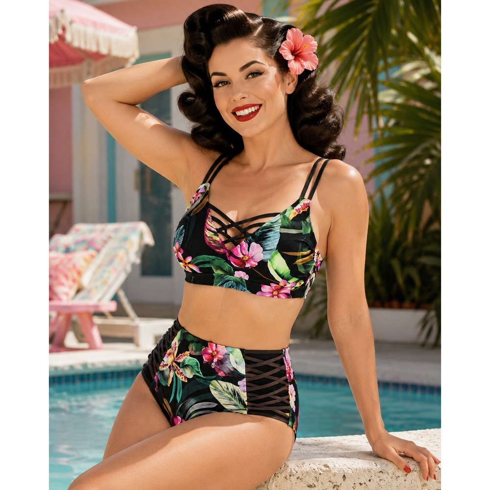 Tropical Womens‎ Black Floral High Waisted Criss Cross Side Bikini Set Medium